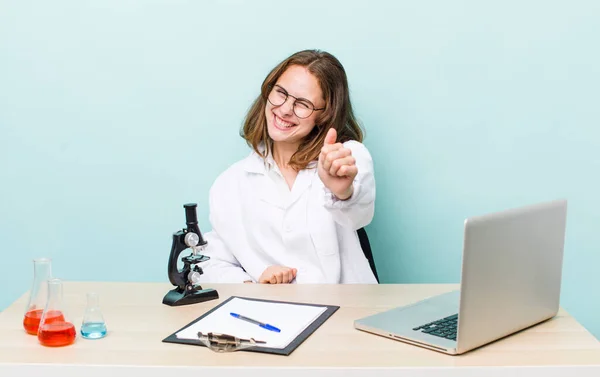 Young Pretty Woman Feeling Proud Smiling Positively Thumbs Scientist Microscope — Stok fotoğraf