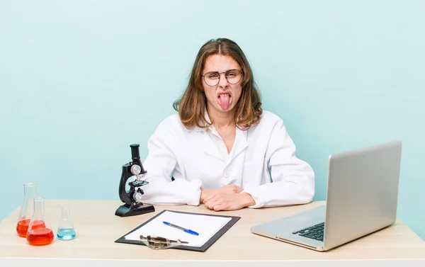 Young Pretty Woman Feeling Disgusted Irritated Tongue Out Scientist Microscope — Stok fotoğraf