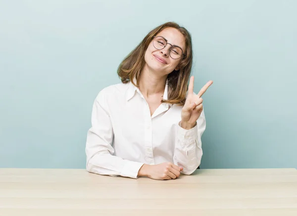 Young Pretty Woman Smiling Looking Friendly Showing Number Two Desk — Stockfoto