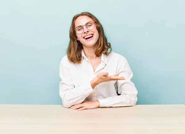 Young Pretty Woman Smiling Cheerfully Feeling Happy Showing Concept Desk — Foto de Stock