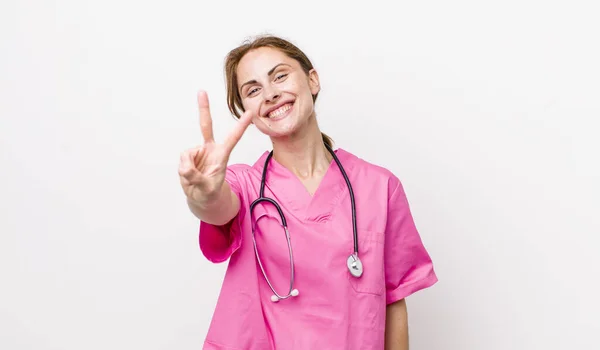 Young Pretty Woman Smiling Looking Happy Gesturing Victory Peace Veterinarian — Stok Foto