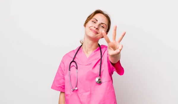 Young Pretty Woman Smiling Looking Friendly Showing Number Three Veterinarian — 스톡 사진