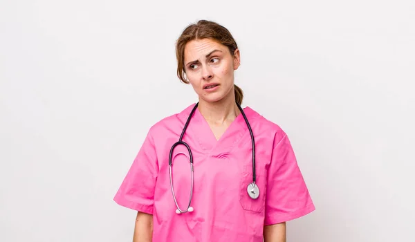 Young Pretty Woman Feeling Sad Upset Angry Looking Side Veterinarian — Stockfoto