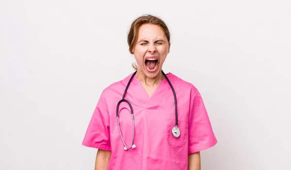 Young Pretty Woman Shouting Aggressively Looking Very Angry Veterinarian Concept — Stockfoto