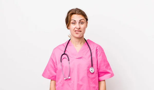 Young Pretty Woman Looking Puzzled Confused Veterinarian Concept — Stockfoto