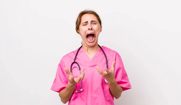 Young Pretty Woman Looking Desperate Frustrated Stressed Veterinarian Concept — Foto de Stock