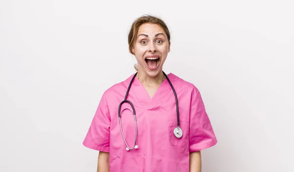 Young Pretty Woman Looking Happy Pleasantly Surprised Veterinarian Concept — Stockfoto