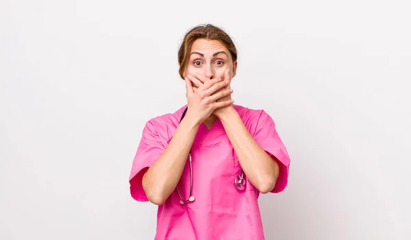 Young Pretty Woman Covering Mouth Hands Shocked Veterinarian Concept — Foto Stock