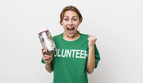 Young Pretty Woman Feeling Shocked Laughing Celebrating Success Volunteer Concept — Stockfoto