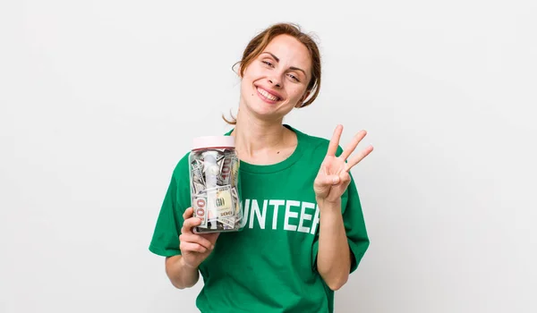 Young Pretty Woman Smiling Looking Friendly Showing Number Three Volunteer — Stockfoto