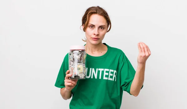 Young Pretty Woman Making Capice Money Gesture Telling You Pay — Stock Photo, Image
