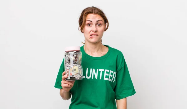 Young Pretty Woman Looking Puzzled Confused Volunteer Concept — Stockfoto