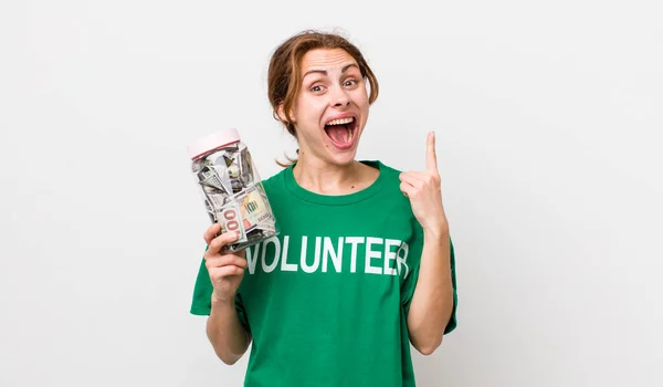 Young Pretty Woman Feeling Happy Excited Genius Realizing Idea Volunteer — Stockfoto