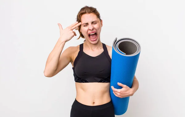 Young Pretty Woman Looking Unhappy Stressed Suicide Gesture Making Gun — Stockfoto