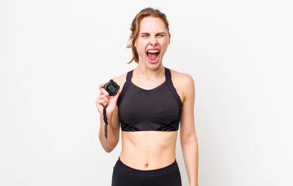 Young Pretty Woman Shouting Aggressively Looking Very Angry Fitness Concept — Stock fotografie