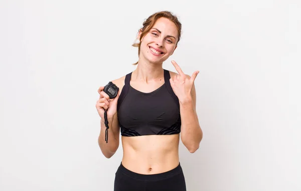 Young Pretty Woman Smiling Confidently Pointing Own Broad Smile Fitness — Stock Photo, Image