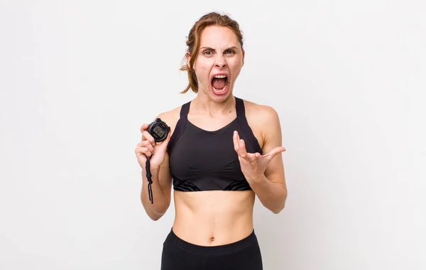 Young Pretty Woman Looking Angry Annoyed Frustrated Fitness Concept Stopwatch — Photo