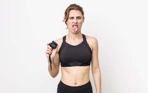 Young Pretty Woman Feeling Disgusted Irritated Tongue Out Fitness Concept — Stockfoto
