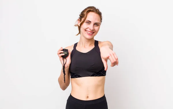Young Pretty Woman Pointing Camera Choosing You Fitness Concept Stopwatch — Stock fotografie