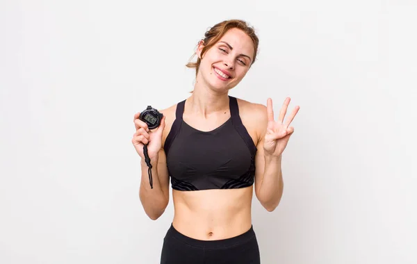 Young Pretty Woman Smiling Looking Friendly Showing Number Three Fitness — Stock Photo, Image