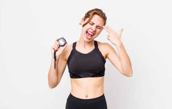 Young Pretty Woman Looking Unhappy Stressed Suicide Gesture Making Gun — Stockfoto