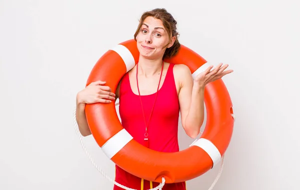 Young Pretty Woman Feeling Puzzled Confused Doubting Lifeguard Concept — Stock Photo, Image