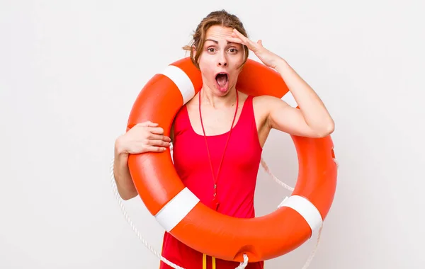Young Pretty Woman Looking Happy Astonished Surprised Lifeguard Concept — Stockfoto
