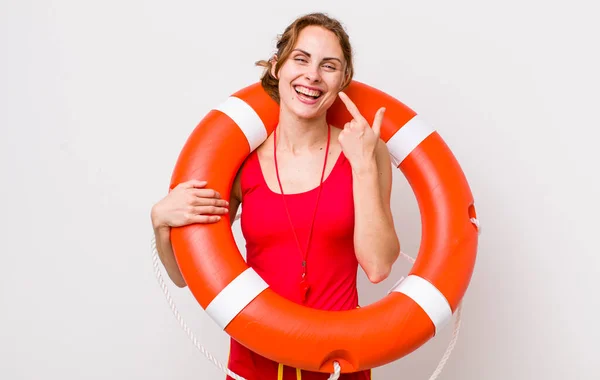 Young Pretty Woman Smiling Confidently Pointing Own Broad Smile Lifeguard — Stock Photo, Image
