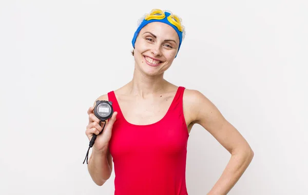 Young Pretty Woman Smiling Happily Hand Hip Confident Swimmer Timer — Stockfoto
