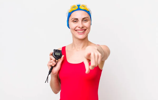 Young Pretty Woman Pointing Camera Choosing You Swimmer Timer — Fotografia de Stock