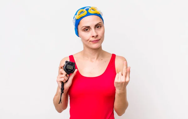 Young Pretty Woman Feeling Angry Annoyed Rebellious Aggressive Swimmer Timer — Stock fotografie