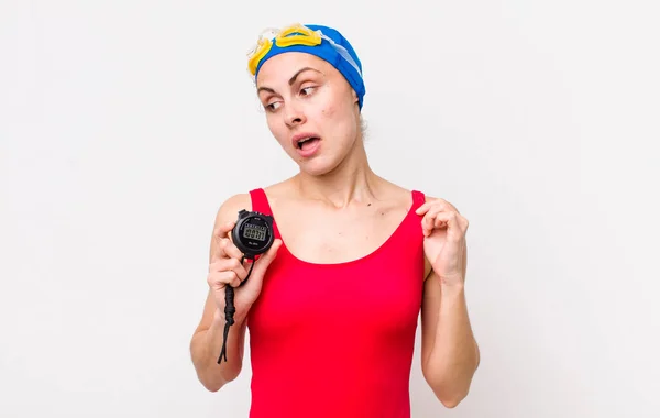 Young Pretty Woman Feeling Stressed Anxious Tired Frustrated Swimmer Timer — Stock fotografie