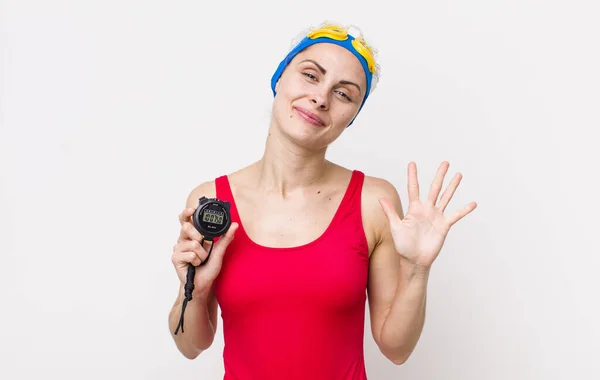 Young Pretty Woman Smiling Looking Friendly Showing Number Five Swimmer — Photo