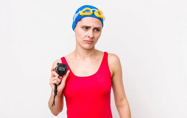 Young Pretty Woman Feeling Sad Upset Angry Looking Side Swimmer — Stock fotografie