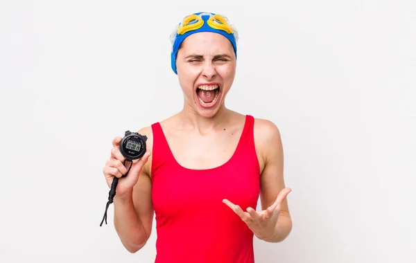 Young Pretty Woman Looking Angry Annoyed Frustrated Swimmer Timer — Fotografia de Stock