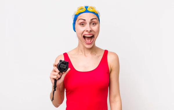 Young Pretty Woman Looking Happy Pleasantly Surprised Swimmer Timer — Stock fotografie