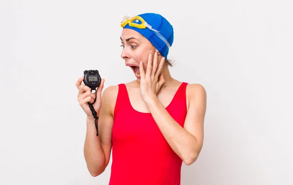 Young Pretty Woman Feeling Happy Excited Surprised Swimmer Timer — Stock fotografie