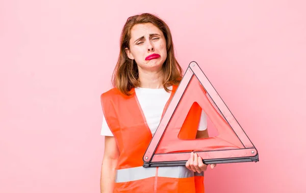 Young Pretty Woman Feeling Sad Whiney Unhappy Look Crying Car — Fotografia de Stock