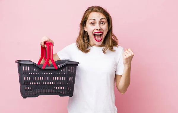 Young Pretty Woman Feeling Shocked Laughing Celebrating Success Empty Shopping —  Fotos de Stock