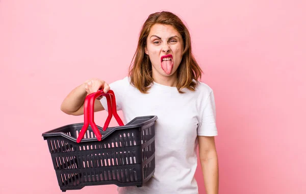 Young Pretty Woman Feeling Disgusted Irritated Tongue Out Empty Shopping — Stockfoto