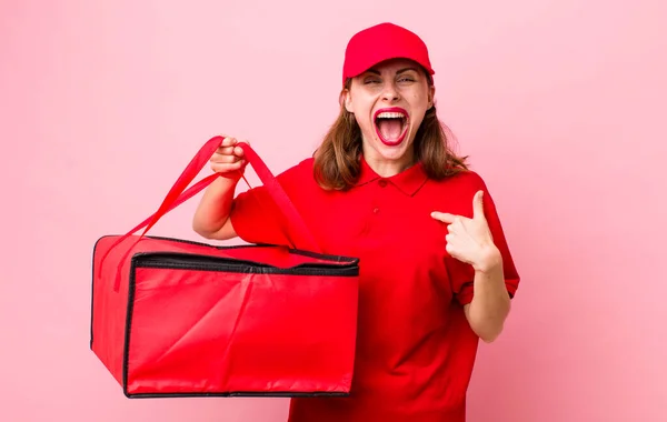 Young Pretty Woman Feeling Happy Pointing Self Excited Pizza Delivery — Stockfoto