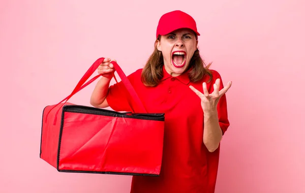 Young Pretty Woman Looking Angry Annoyed Frustrated Pizza Delivery Concept — Stockfoto