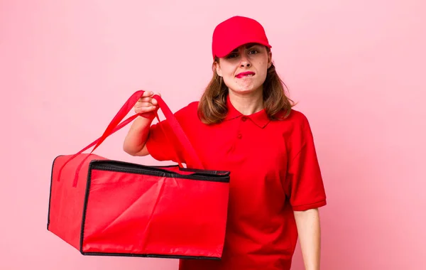 Young Pretty Woman Looking Puzzled Confused Pizza Delivery Concept — Foto de Stock