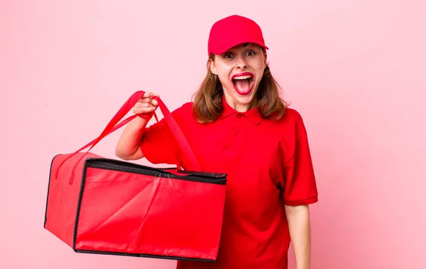 Young Pretty Woman Looking Happy Pleasantly Surprised Pizza Delivery Concept — Stockfoto