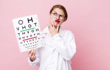 Genç, güzel bir kadın düşünüyor, kuşkulu ve şaşkın hissediyor. Optik görüş testi konsepti. Mikroskop konseptine sahip bilim adamı