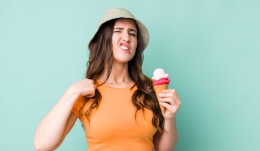 young pretty woman  feeling stressed, anxious, tired and frustrated. summer and ice cream concept
