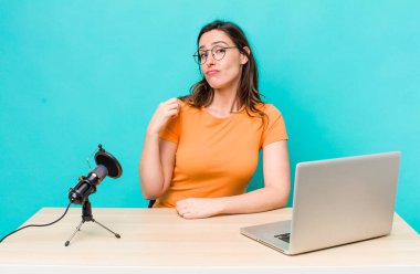 young pretty woman  looking arrogant, successful, positive and proud. influencer concept