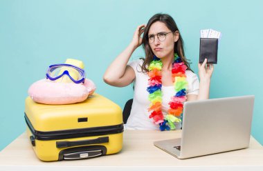 young pretty woman  smiling happily and daydreaming or doubting. summer travel concept