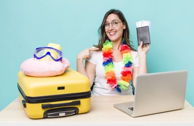 young pretty woman  feeling happy and pointing to self with an excited. summer travel concept