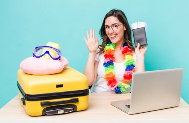 young pretty woman  smiling happily, waving hand, welcoming and greeting you. summer travel concept
